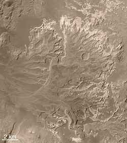 The Eberswalde delta, seen by MGS. Note the meanders with cutoffs, now seen in inverted relief.