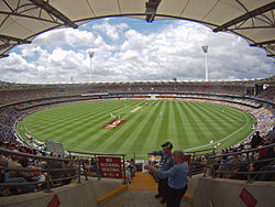 Cricket game at The Gabba, a 42,000-seat round stadium in Brisbane