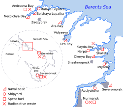 A map of naval bases, shipyards and spent fuel storage sites operated by the Northern Fleet