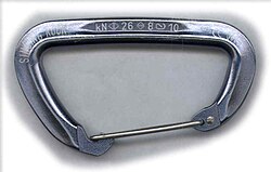 A carabiner used in rock climbing, with a safety rating of 26 kN when loaded along the spine with the gate closed, 8 kN when loaded perpendicular to the spine, and 10 kN when loaded along the spine with the gate open.