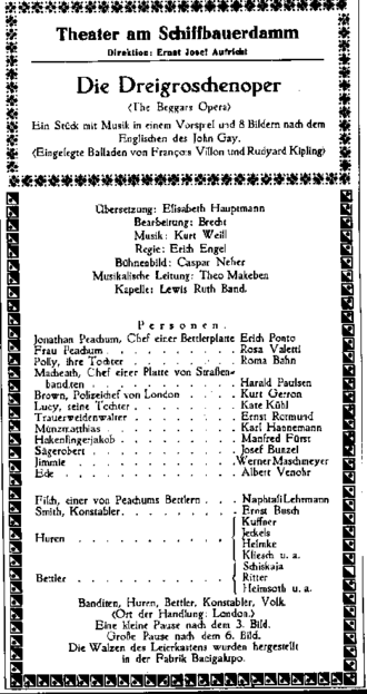 Playbill of the premiere performance at Theater am Schiffbauerdamm Berlin, 31 August 1928. The name of Lotte Lenya, who played Jenny, was omitted by mistake.