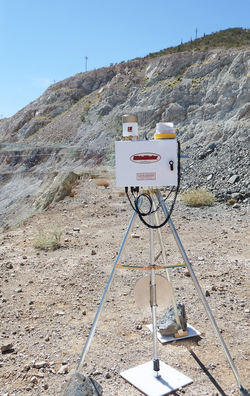 A Wireline extensometer monitoring slope displacement and transmitting data remotely via radio or Wi-Fi. In situ or strategically deployed extensometers may be used to provide early warning of a potential landslide.[56]