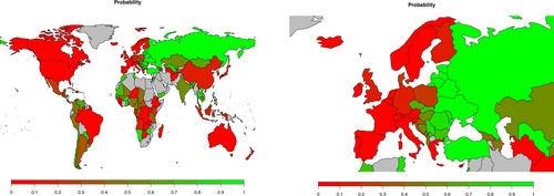 Probability that countries achieve their Paris Agreement Goals according to their nationally determined contributions as of 2021 (NDCs)[62]