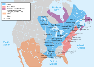 Map of territorial claims in North America by 1750. Possessions of British America (pink), New France (blue), and New Spain (orange); California, Pacific Northwest, and Great Basin not indicated.[38]