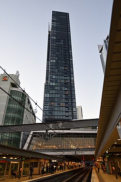 Chatswood Station in Sydney. Trains run through the integrated station, shopping and apartment complex