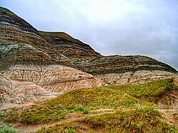 Badlands near Drumheller, Alberta, where erosion has exposed the Cretaceous–Paleogene boundary.