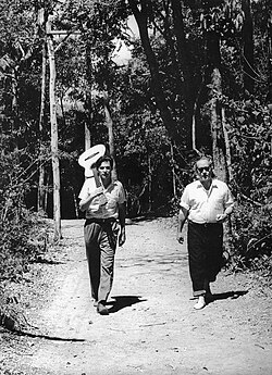 Jobim (left) and de Moraes (right) in 1962. The two wrote many successful songs together, including the music for Orfeu da Conceição and The Girl from Ipanema.