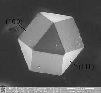 A diamond cuboctahedron showing seven crystallographic planes, imaged with scanning electron microscopy