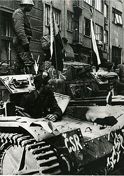Captured AMR 35 tanks during the Prague uprising