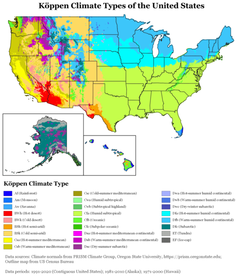Köppen climate types of the United States using the −3 °C (27 °F) isotherm