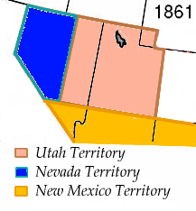The Nevada 1861 territory boundary (blue) changed three times: 1864 statehood shifted eastern border from 39th to 38th meridian, 1866 May 5; east border (pink) moved eastward 53.3 mi (85.8 km), from the 38th to 37th meridian, and 1867 January 18; south boundary (yellow) moved from the 37th parallel north southward to the current boundary (14 Stat. 43)[5]
