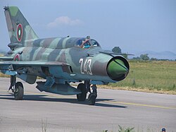 A Bulgarian MiG-21 taxis at Graf Ignatievo Air Base, Bulgaria during a bilateral exercise between the U.S. and Bulgarian Air Force