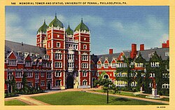 A c. 1933 postcard showing the Upper Quad section of the Quad Dormitories looking north to Memorial Tower