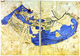 Ptolemy's 1st projection, redrawn under Maximus Planudes around 1300, using a prime meridian through the Canary Islands west of Africa, at the left-hand edge of the map (The obvious central line shown here is the junction of two sheets.)