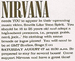 Announcement from the band encouraging people to participate in the making of the music video for "Smells Like Teen Spirit"