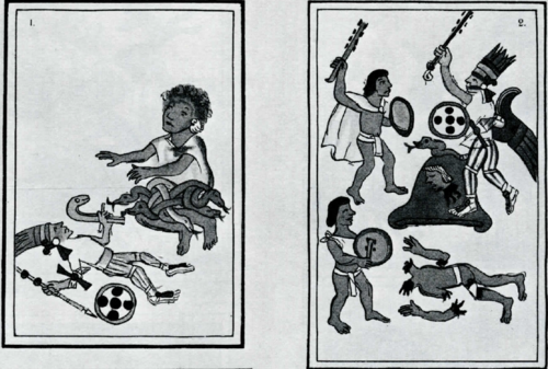 Huītzilōpōchtli springs from Coatlicue's womb fully armed and defends himself and his mother against Coyolxāuhqui. He dismembers his sister and fights his 400 brothers, the Centzonhuītznāhua