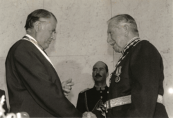 Pinochet congratulates Aylwin on inauguration day, 11 March 1990.