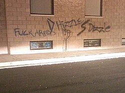 An Assyrian church after it was vandalized in Detroit (2007). Although they are not Arabs and are mostly Christians, Assyrians often face a racist backlash in the US because of their Middle Eastern background.[295]