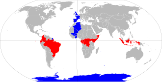 Countries that touch the equator (red) and that touch the IERS Reference Meridian (blue)