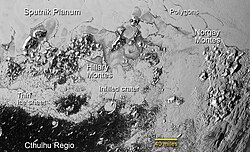 Pluto's Tombaugh Regio (photographed by New Horizons flyby on July 14, 2015) appears to exhibit geomorphological features previously thought to be unique to Earth.[52]