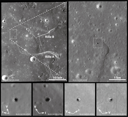 Sinuous rilles features and lunar lava tube cave Marius Hills pit as observed under different solar illumination conditions.