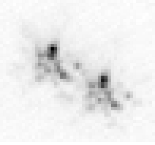 Typical short-exposure negative image of a binary star (Zeta Boötis in this case) as seen through atmospheric seeing. Each star should appear as a single Airy pattern, but the atmosphere causes the images of the two stars to break up into two patterns of speckles (one pattern above left, the other below right). The speckles are a little difficult to make out in this image due to the coarse pixel size on the camera used (see the simulated images below for a clearer example). The speckles move around rapidly, so that each star appears as a single fuzzy blob in long exposure images (called a seeing disc). The telescope used had a diameter of about 7r0 (see definition of r0 below, and example simulated image through a 7r0 telescope).