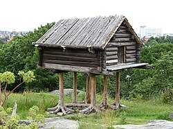 Traditional raised Sami storehouse, displayed at Skansen, Stockholm. A similar structure, is mentioned in Russian fairy tales as a "house with chicken legs"