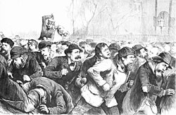 New York City police using force to remove rioting protesters in Tompkins Square Park, 1874