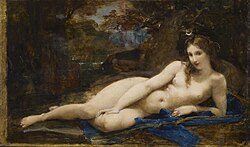 Diana Reposing by Paul-Jacques-Aimé Baudry. The nude goddess, identified by the crescent moon in her hair and the bow and quiver at her side, reclines on a blue drapery.