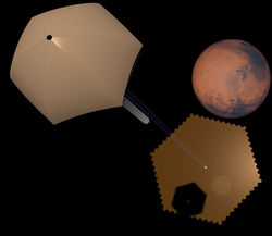Solar sail being propelled from a space-based solar array