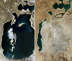 Remote sensing images show changes to the extent of the Aral Sea from 1989 (left) to 2014 (right).