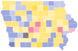 Election results by county. Yellow for Ted Cruz, Blue for Donald Trump, Red for Marco Rubio.