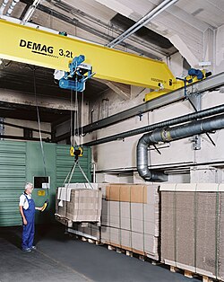 An overhead crane being used in typical machine shop. The hoist is operated via a wired pushbutton station to move system and the load in any direction.