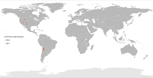World map of known VEI 7 and VEI 8 volcanoes VEI 8 (supervolcanoes) VEI 7