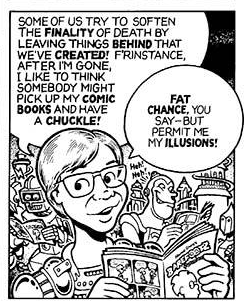 Cruse depicts himself in the story "Death", from Eclipse Magazine issue 1, May 1981, displaying both his "cutesy" style (the Barefootz cover) and the mid-range cartoony style typical of most of his work before Stuck Rubber Baby.