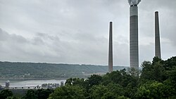Coal-fired electric plants, like Clifty Creek Power Plant in Madison, produced about 85 percent of Indiana's energy supply in 2014.[232]