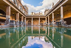 Aquae Sulis in Bath, England: architectural features above the level of the pillar bases are a later reconstruction.