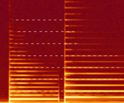 A spectrogram of a violin playing a note and then a perfect fifth above it with the shared partials highlighted by the white dashes (harmonic spectra)
