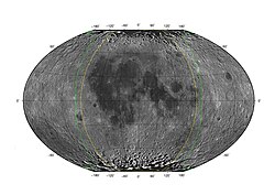 Theoretical extent of visible lunar surface (in green) due to libration, compared to the extent of the visible lunar surface without libration (in yellow). The projection is the Winkel Tripel projection. Mare Orientale, just outside the yellow region, is brought into visibility from Earth by libration.