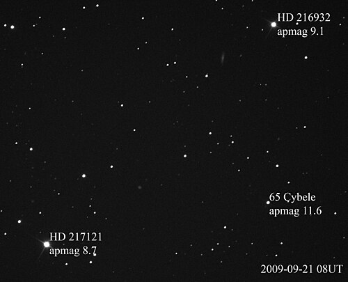 Asteroid 65 Cybele and two stars in the constellation Aquarius, with their magnitudes labeled