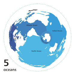 Maps exhibiting the world's oceanic waters. A continuous body of water encircling Earth, the World/Global Ocean is divided into a number of principal areas. Five oceanic divisions are usually recognized: the Pacific Ocean, the Atlantic Ocean, the Indian Ocean, the Antarctic/Southern Ocean, and the Arctic Ocean; the last two listed are sometimes consolidated into the first three.