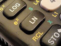 The logarithm keys (LOG for base 10 and LN for base e) on a TI-83 Plus graphing calculator