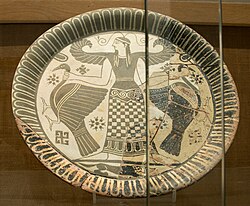 Artemis as Mistress of Animals, Parian pottery, 675–600 BCE. Hypothetical restoration (only some parts have been preserved). Archaeological Museum of Mykonos.