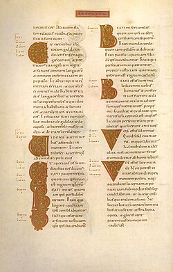 Text page from the Codex Aureus of Echternach, an important surviving codex, was produced in the Abbey of Echternach in the 11th century.[26]