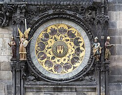A medieval clock in Prague, Czechia