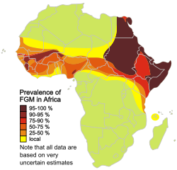 Map showing the prevalence of FGM in Africa
