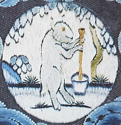 The Chinese mythological white hare making the elixir of immortality on the Moon embroidered onto an eighteenth-century Imperial Chinese robe