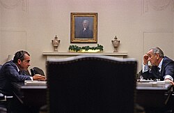 Nixon and President Lyndon B. Johnson meet at the White House before Nixon's nomination in July 1968