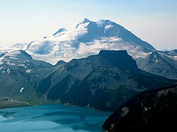 The north face of Mount Garibaldi rises above The Table and Garibaldi Lake in the Garibaldi Lake volcanic field
