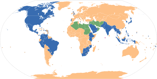 World map showing the first day of the week used in different countries according to the Common Locale Data Repository[9] Monday Friday (Maldives only) Saturday Sunday